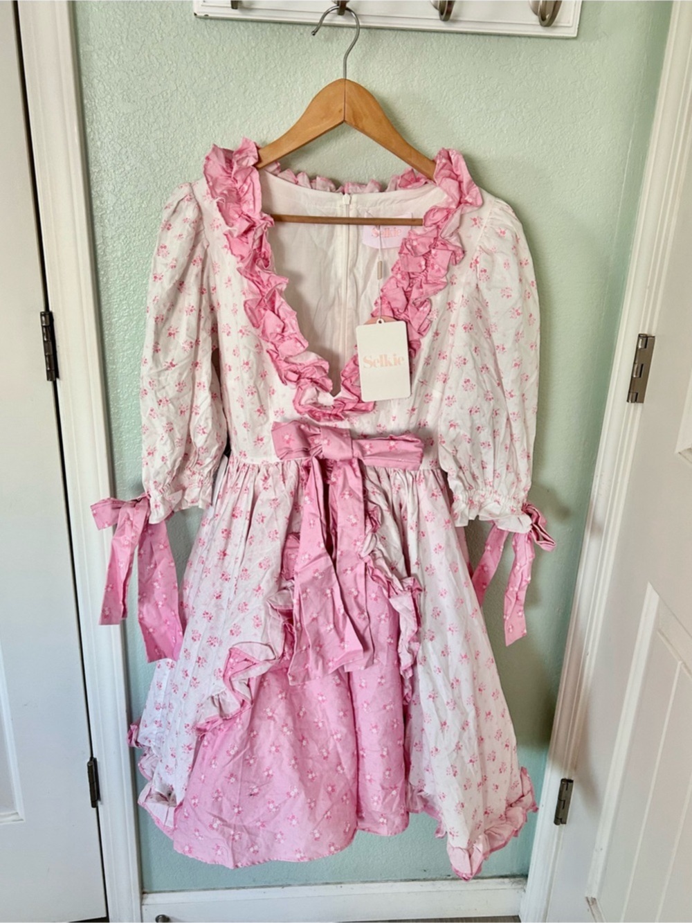 Selkie The Marie Dress Floral Ruffle Mini Dress in Pink & White NWT